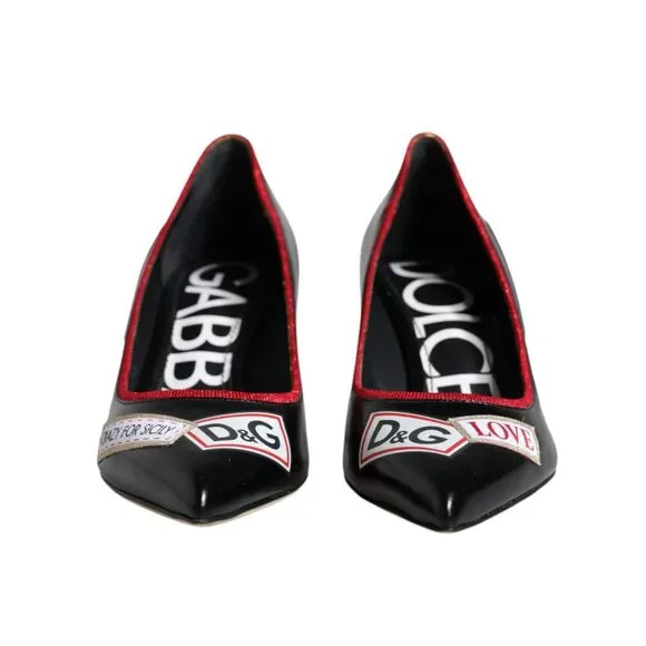 Dolce & Gabbana Black Leather Logo Print Heels Pumps Shoes - Picture 2 of 10